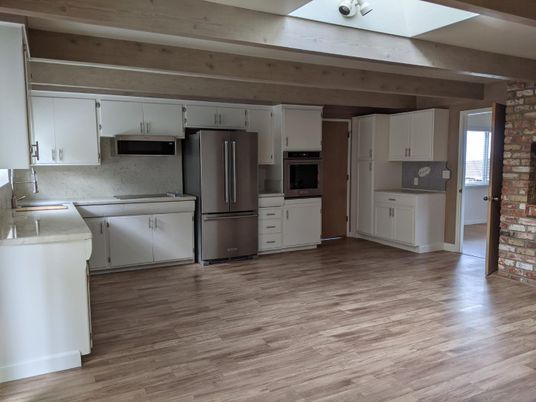 Interior, Kitchen, Stainless Steel Appliances, Stone Walls, Wooden Beams, Wood Texture Flooring