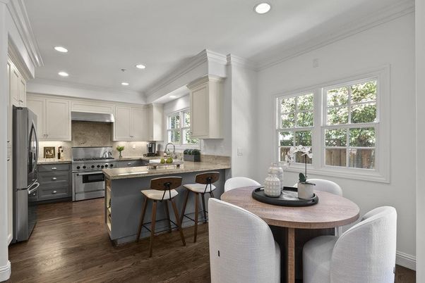 Dining room, Interior, Kitchen, Recessed Lighting, Stainless Steel Appliances, Wood Texture Flooring