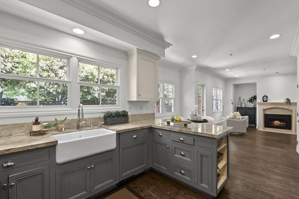 Fireplace, Interior, Kitchen, Recessed Lighting, Wood Texture Flooring