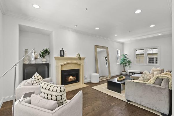 Fireplace, Interior, Living room, Recessed Lighting, Wood Texture Flooring