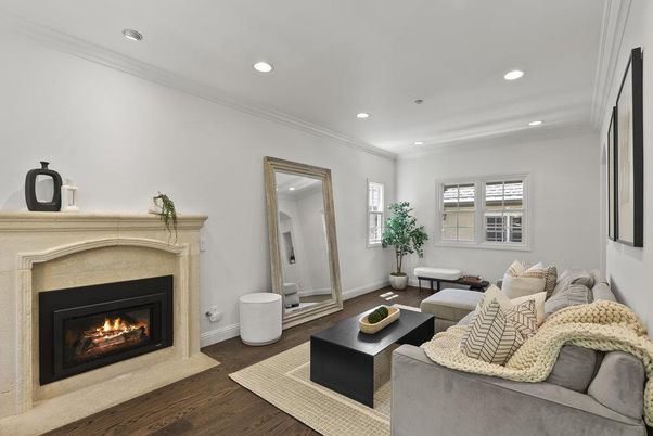 Fireplace, Interior, Living room, Recessed Lighting, Wood Texture Flooring