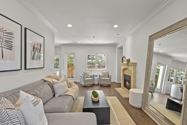 Fireplace, Interior, Living room, Recessed Lighting, Wood Texture Flooring