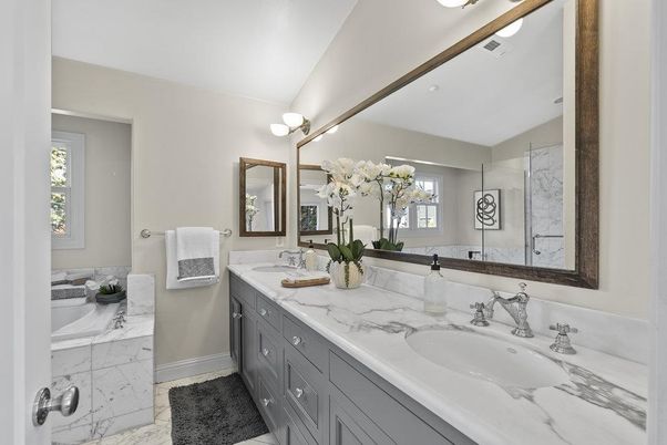 Bathroom, Dual Sink Vanities, Glass Shower, Interior, Marble, Recessed Lighting
