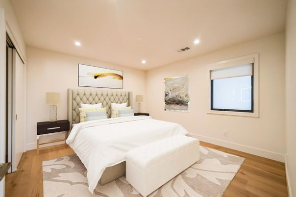 Bedroom, Interior, Recessed Lighting, Wood Texture Flooring