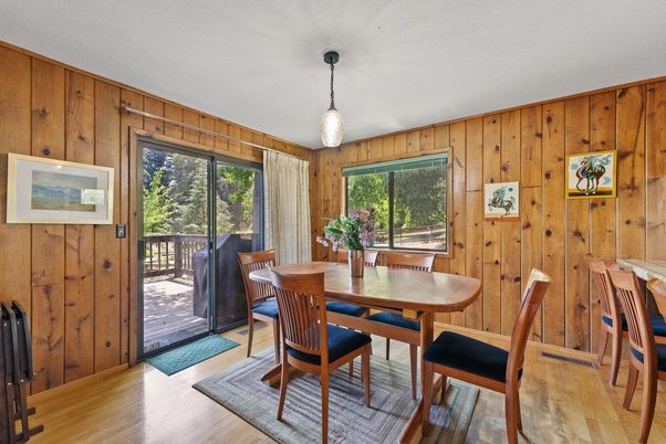 Dining room, Interior, Pendant Lights, Wood Texture Flooring, Wooden Walls