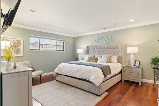 Bedroom, Interior, Recessed Lighting, Wood Texture Flooring