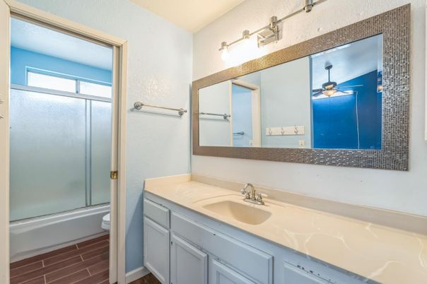 Bathroom, Glass Shower, Interior, Wood Texture Flooring