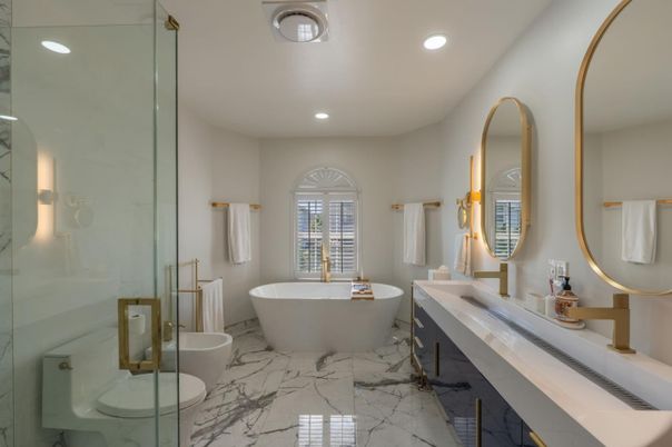 Bathroom, Dual Sink Vanities, Free Standing Baths, Glass Shower, Interior, Marble, Recessed Lighting