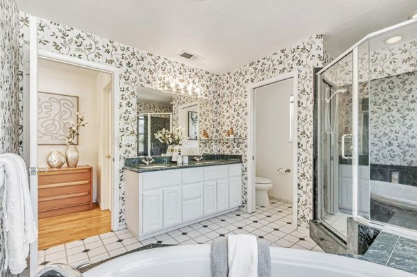 Bathroom, Dual Sink Vanities, Glass Shower, Interior, Wood Texture Flooring