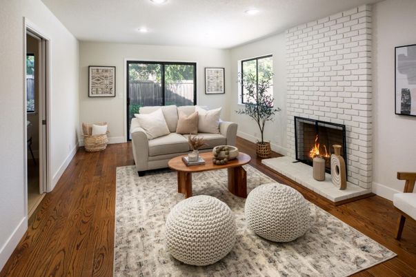 Fireplace, Interior, Living room, Recessed Lighting, Stone Walls, Wood Texture Flooring
