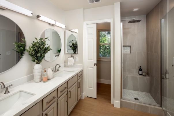 Bathroom, Dual Sink Vanities, Glass Shower, Interior, Wood Texture Flooring