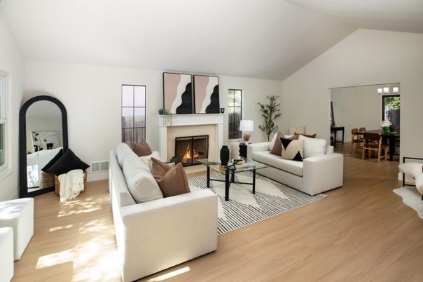 Dining room, Fireplace, Interior, Living room, Wood Texture Flooring