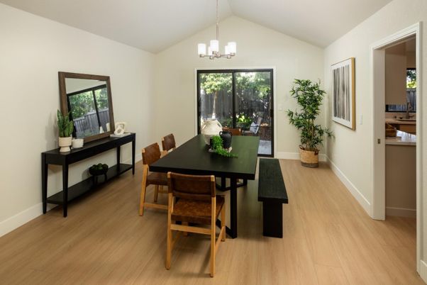 Dining room, Interior, Pendant Lights, Wood Texture Flooring