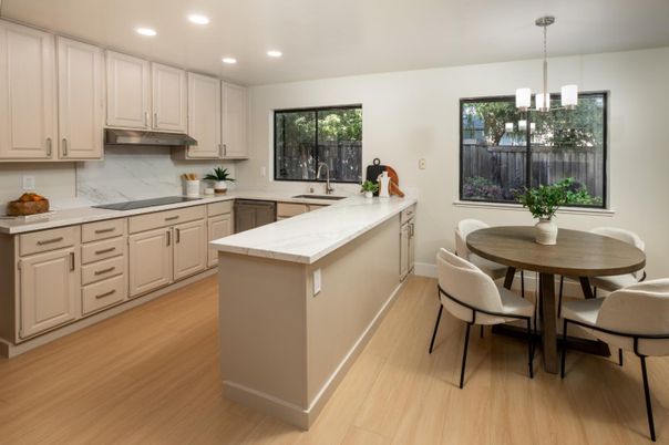 Dining room, Interior, Kitchen, Pendant Lights, Recessed Lighting, Wood Texture Flooring
