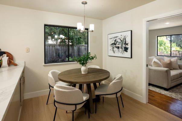 Dining room, Interior, Pendant Lights, Wood Texture Flooring
