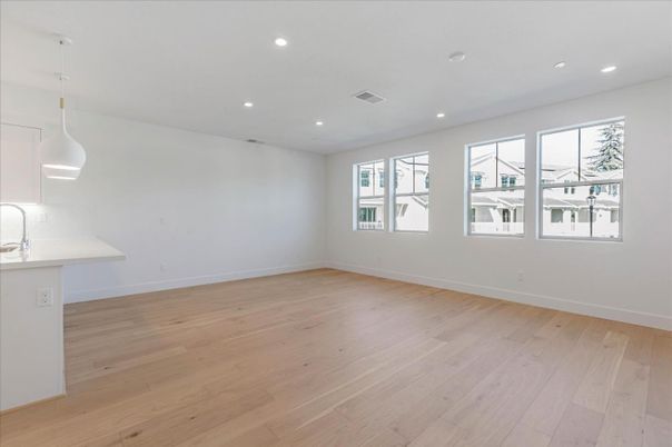 Empty room, Interior, Pendant Lights, Recessed Lighting, Wood Texture Flooring