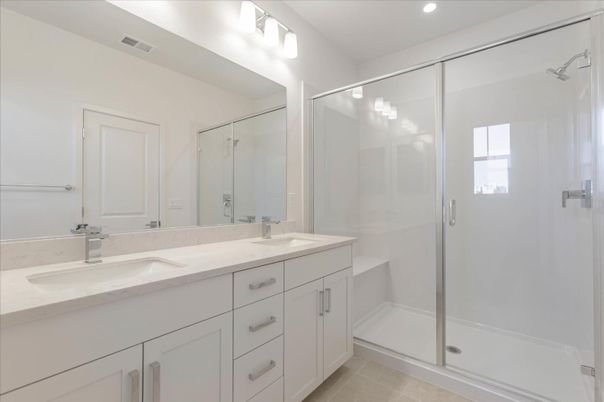 Bathroom, Dual Sink Vanities, Glass Shower, Interior, Recessed Lighting