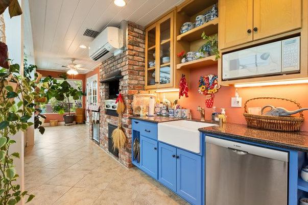 Fireplace, Interior, Kitchen, Recessed Lighting, Stainless Steel Appliances, Stone Walls