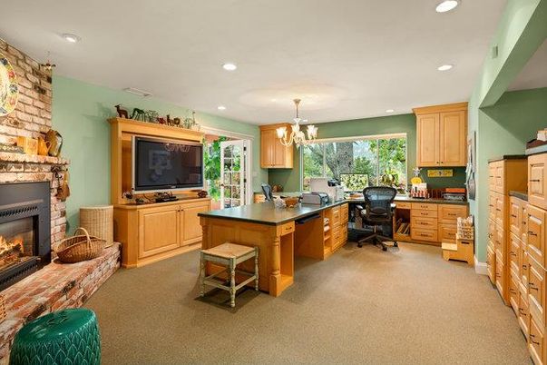 Chandelier, Fireplace, Home Office, Interior, Recessed Lighting, Stone Walls