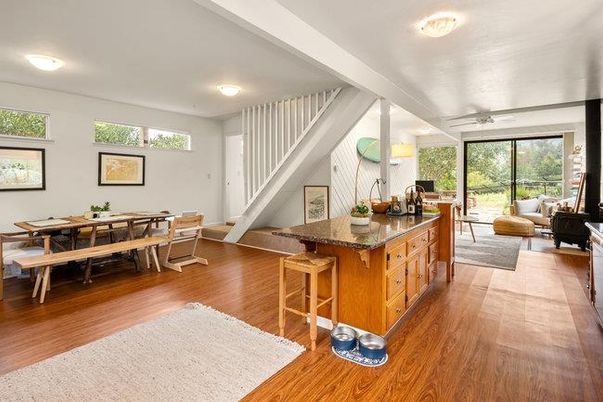 Dining room, Interior, Living room, Recessed Lighting, Wood Texture Flooring