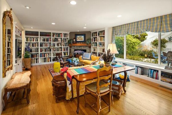 Dining room, Fireplace, Interior, Living room, Recessed Lighting, Wood Texture Flooring