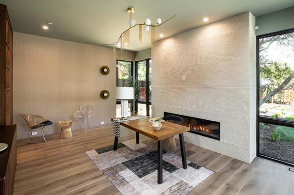 Fireplace, Interior, Recessed Lighting, Wood Texture Flooring