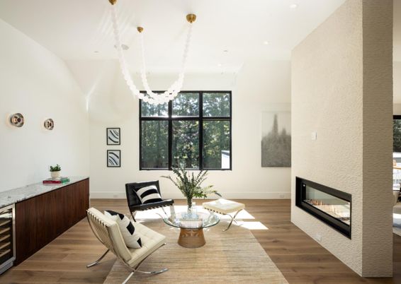Fireplace, Interior, Living room, Pendant Lights, Recessed Lighting, Wood Texture Flooring