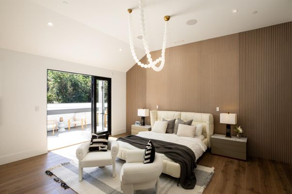 Bedroom, Interior, Pendant Lights, Recessed Lighting, Wood Texture Flooring