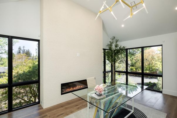 Fireplace, Interior, Pendant Lights, Recessed Lighting, Wood Texture Flooring