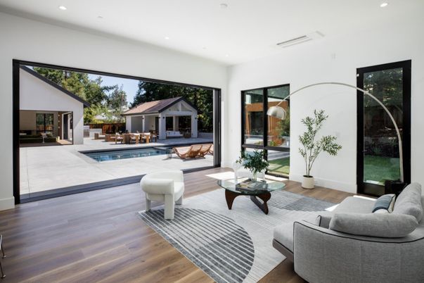 Interior, Living room, Pool, Recessed Lighting, Wood Texture Flooring