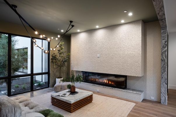 Fireplace, Interior, Living room, Pendant Lights, Recessed Lighting, Wood Texture Flooring