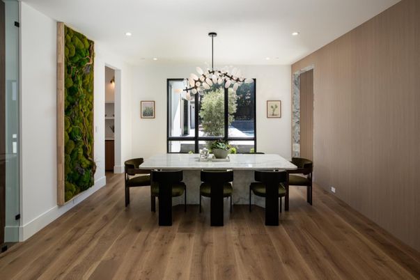 Dining room, Interior, Pendant Lights, Recessed Lighting, Wood Texture Flooring
