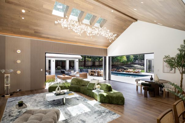 Dining room, Interior, Living room, Pool, Recessed Lighting, Wooden Ceilings, Wood Texture Flooring