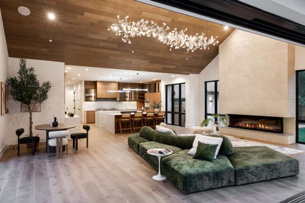 Dining room, Fireplace, Interior, Kitchen, Living room, Pendant Lights, Recessed Lighting, Stainless Steel Appliances, Wooden Ceilings, Wood Texture Flooring