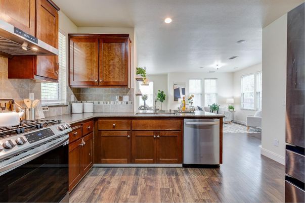 Interior, Kitchen, Living room, Recessed Lighting, Stainless Steel Appliances, Wood Texture Flooring