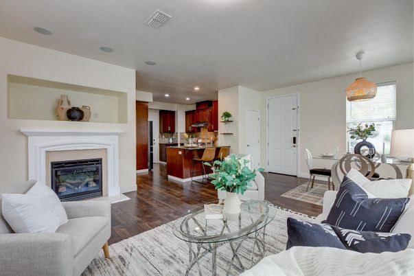 Dining room, Fireplace, Interior, Kitchen, Living room, Pendant Lights, Recessed Lighting, Wood Texture Flooring