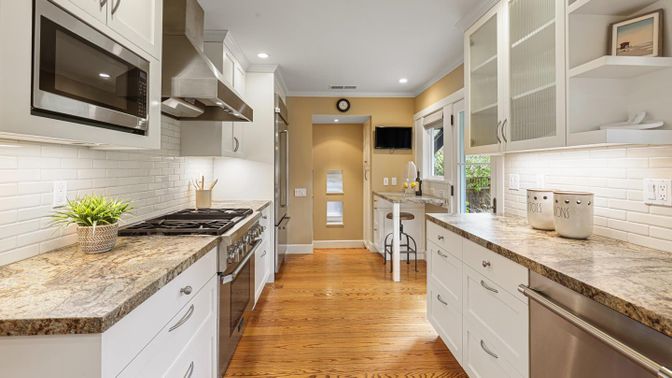 Interior, Kitchen, Recessed Lighting, Stainless Steel Appliances, Wood Texture Flooring