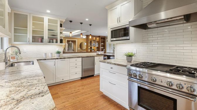 Interior, Kitchen, Pendant Lights, Recessed Lighting, Stainless Steel Appliances, Wood Texture Flooring