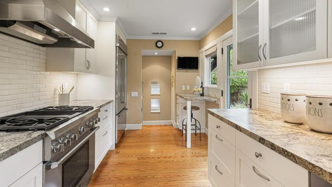 Interior, Kitchen, Recessed Lighting, Stainless Steel Appliances, Wood Texture Flooring
