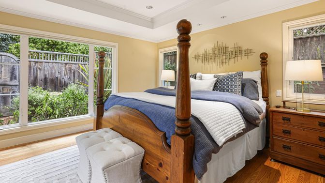 Bedroom, Interior, Recessed Lighting, Wood Texture Flooring