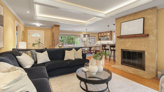 Dining room, Fireplace, Interior, Kitchen, Living room, Pendant Lights, Recessed Lighting, Wood Texture Flooring