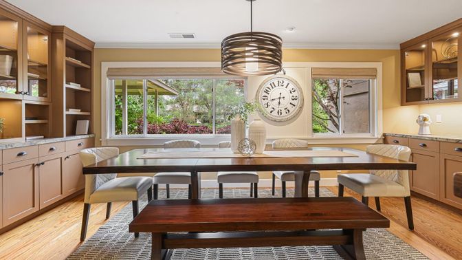 Dining room, Interior, Pendant Lights, Recessed Lighting, Wood Texture Flooring