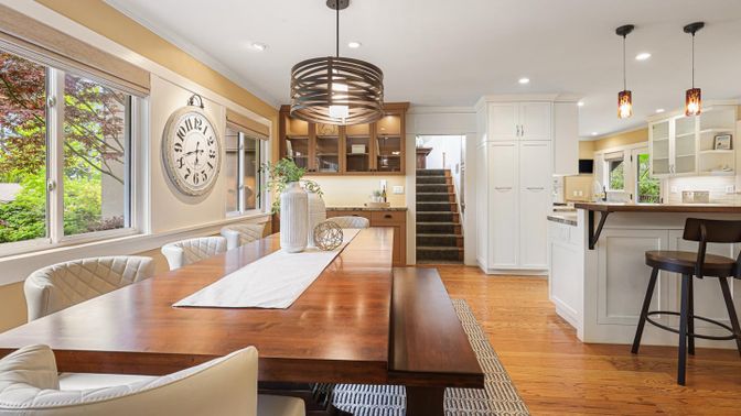 Dining room, Interior, Kitchen, Pendant Lights, Recessed Lighting, Wood Texture Flooring