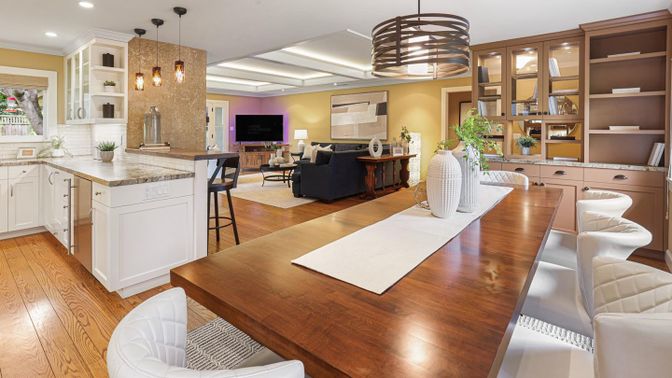 Interior, Kitchen, Living room, Pendant Lights, Recessed Lighting, Wood Texture Flooring
