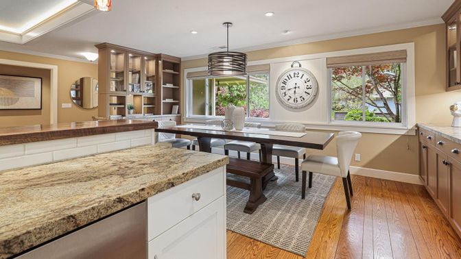 Dining room, Interior, Pendant Lights, Recessed Lighting, Wood Texture Flooring