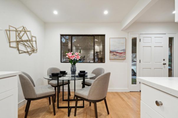 Dining room, Interior, Recessed Lighting, Wood Texture Flooring
