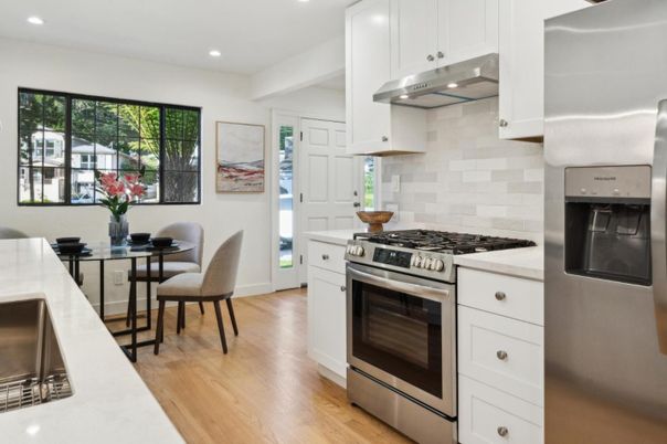 Dining room, Interior, Kitchen, Recessed Lighting, Stainless Steel Appliances, Wood Texture Flooring