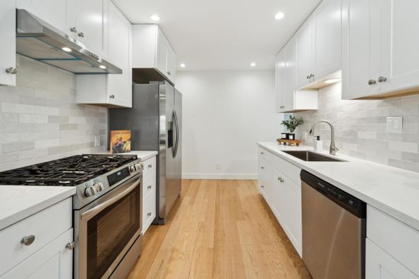Interior, Kitchen, Recessed Lighting, Stainless Steel Appliances, Wood Texture Flooring