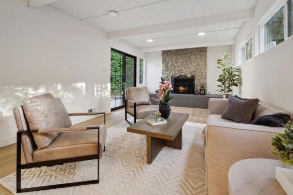 Fireplace, Interior, Living room, Recessed Lighting, Stone Walls, Wood Texture Flooring