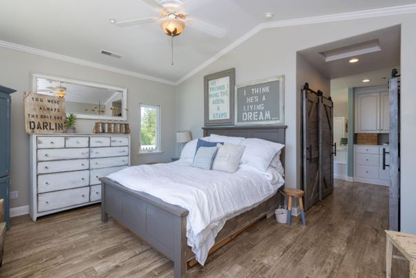 Bedroom, Interior, Recessed Lighting, Wood Texture Flooring